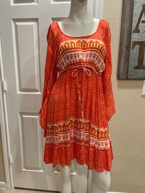 J. Gee "Arjuna" Flutter Sleeves Smocked Mini Dress in Orange Size Medium
